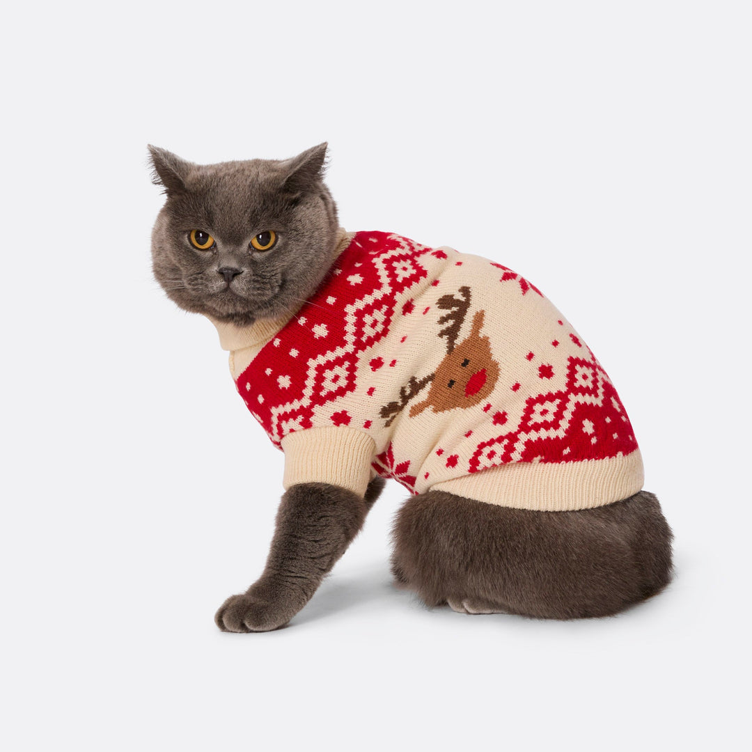 Roter Retro Rentier Weihnachtspullover für Katzen