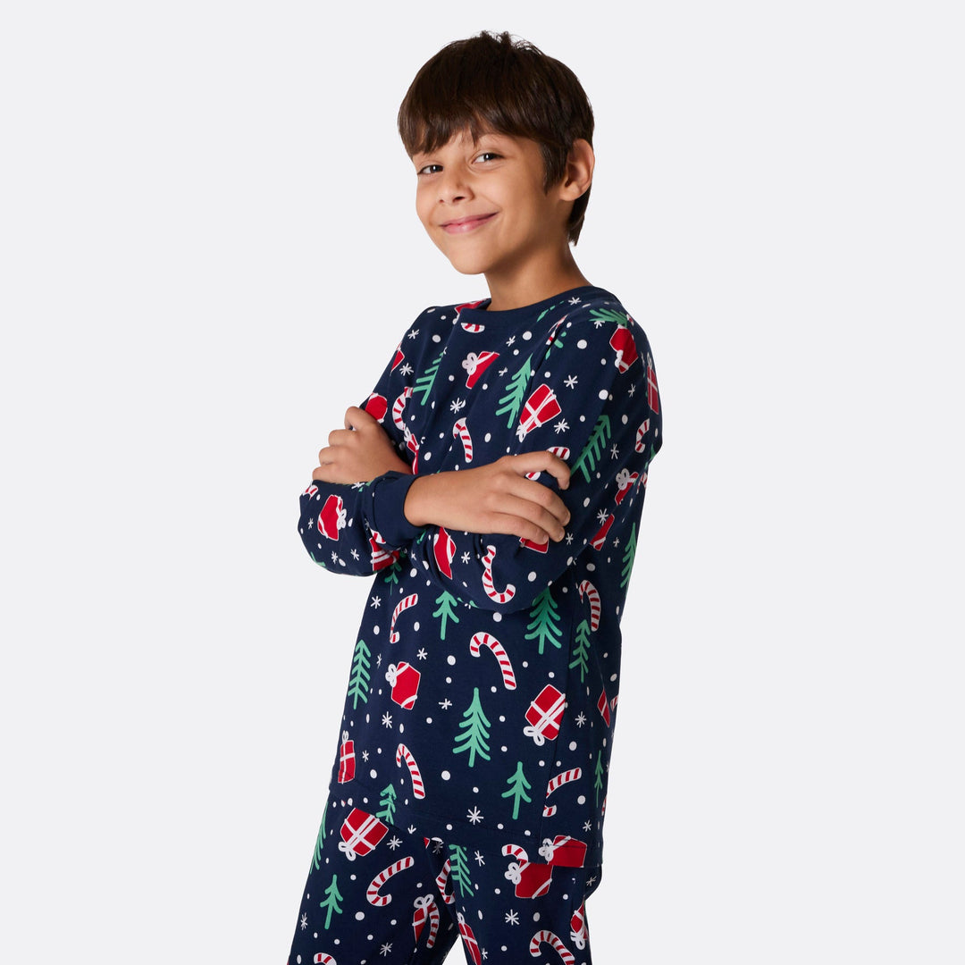 Blaues Weihnachtsmuster Weihnachtspyjama Kinder