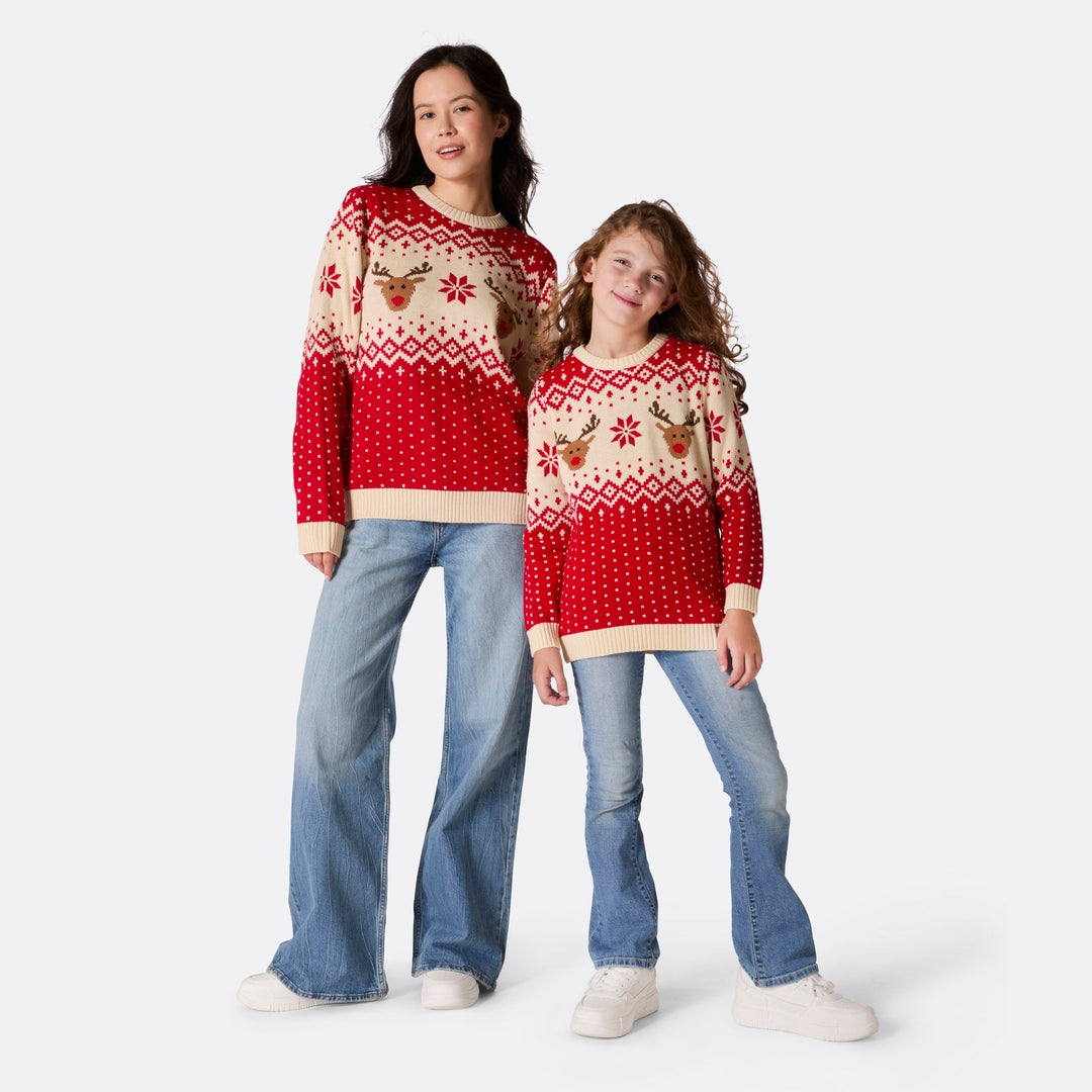 Roter Retro Rentier Weihnachtspullover für die ganze Familie
