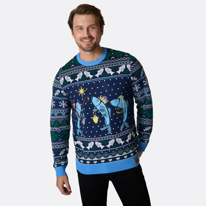 Drei weiße Fische Weihnachtspullover Herren