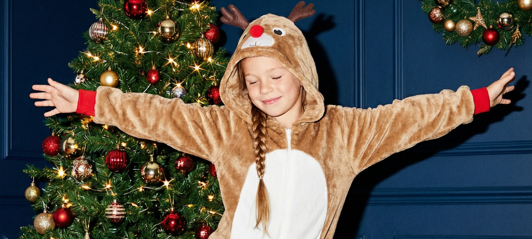 Lachendes Mädchen im Rentier-Kostüm steht mit ausgebreiteten Armen vor geschmücktem Weihnachtsbaum