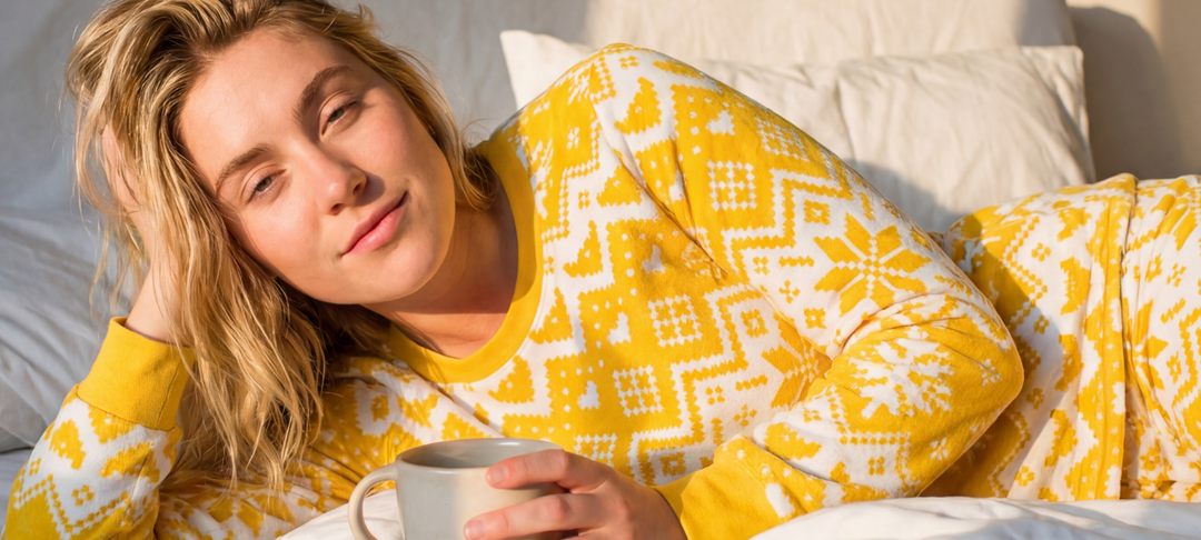Junge Frau in gelb-weißem Norweger-Pyjama liegt mit Tasse im Bett im warmen Morgenlicht