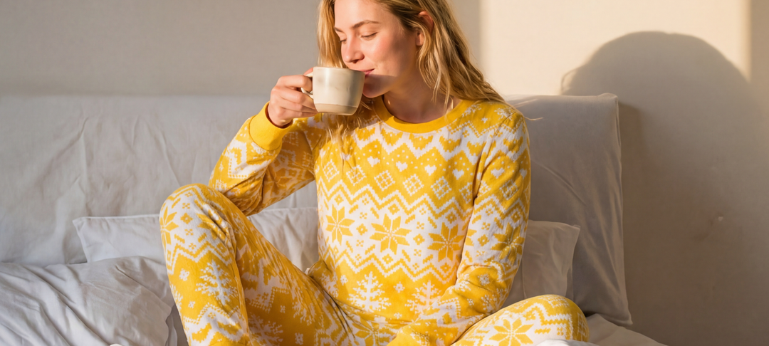 Frau im gelb-weißen Pyjama mit Norwegermuster sitzt morgens im Bett und trinkt aus einer Tasse
