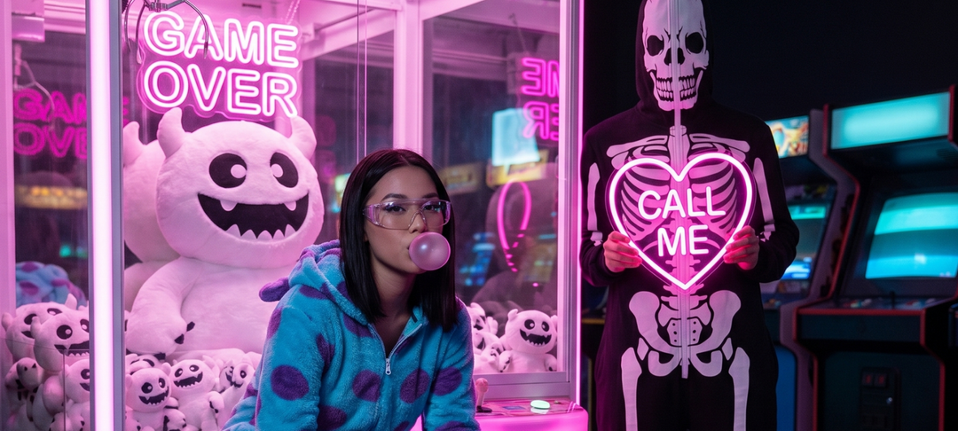 Frau mit Kaugummiblase neben Person im Skelettkostüm mit Halloween-Maske in pinker Neon-Spielhalle