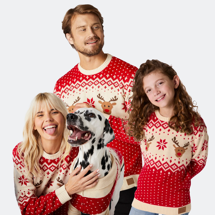 Roter Retro Rentier Weihnachtspullover für die ganze Familie