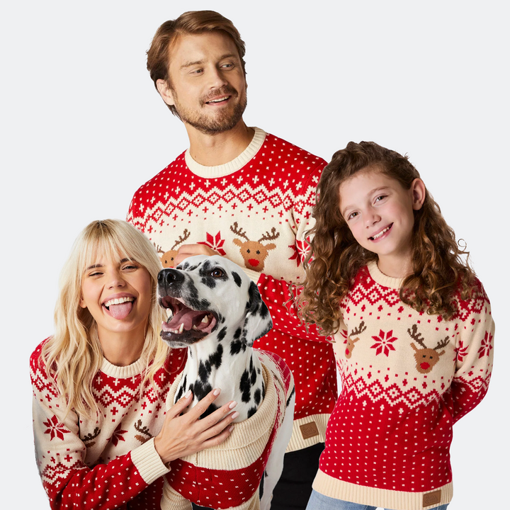 Roter Retro Rentier Weihnachtspullover Familie