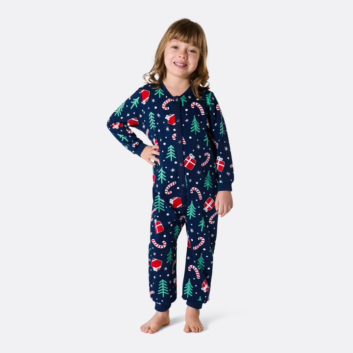 Blaues Weihnachtsmuster Overall Weihnachtspyjama Kinder