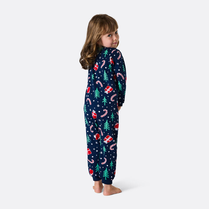 Blaues Weihnachtsmuster Overall Weihnachtspyjama Kinder