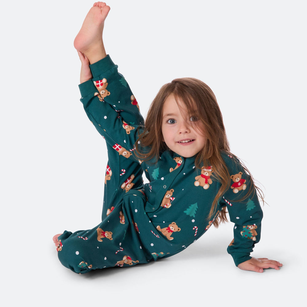 Grüner Teddybär-Overall-Weihnachtspyjama Kinder