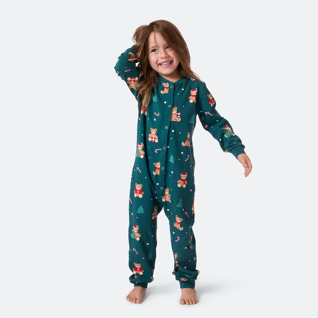 Grüner Teddybär-Overall-Weihnachtspyjama Kinder
