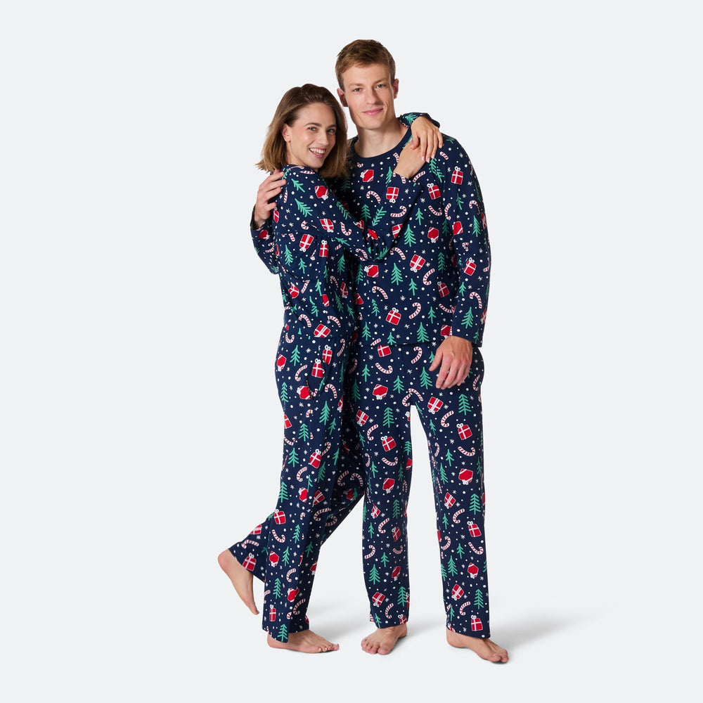 Blaues Weihnachtsmuster Weihnachtspyjama Damen