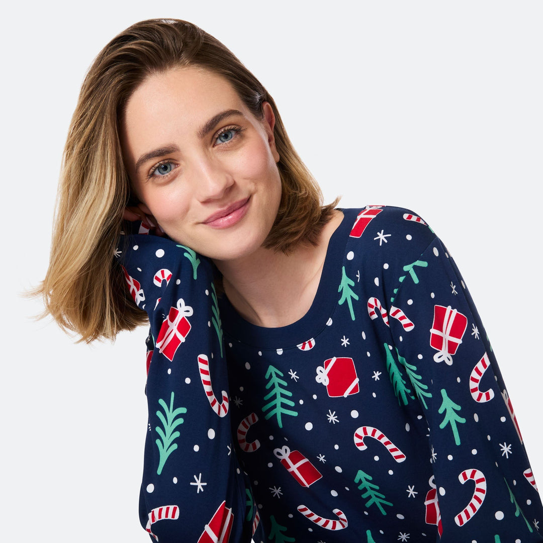Blaues Weihnachtsmuster Weihnachtspyjama Damen