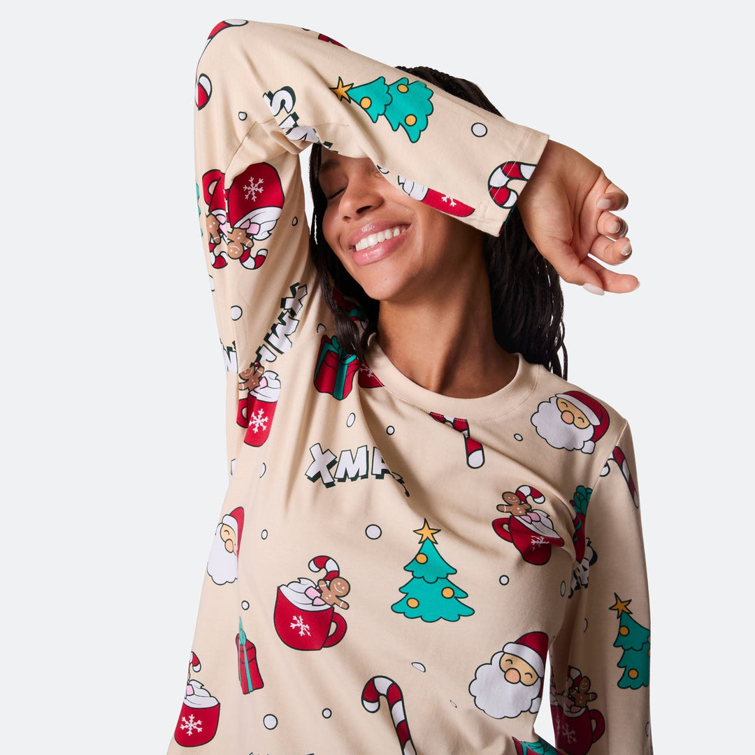 Beiger Xmas Weihnachtspyjama Damen
