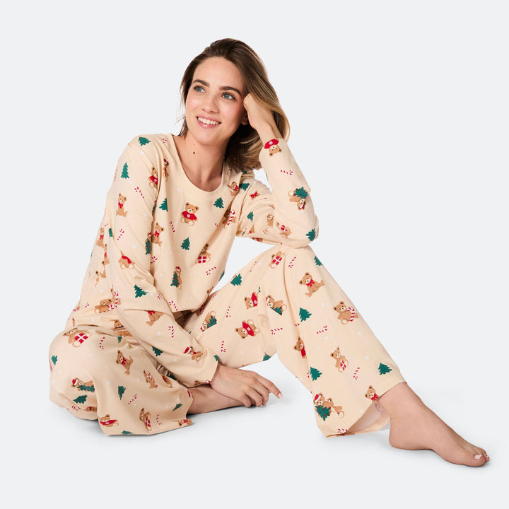 Beiger Teddybär Weihnachtspyjama Damen