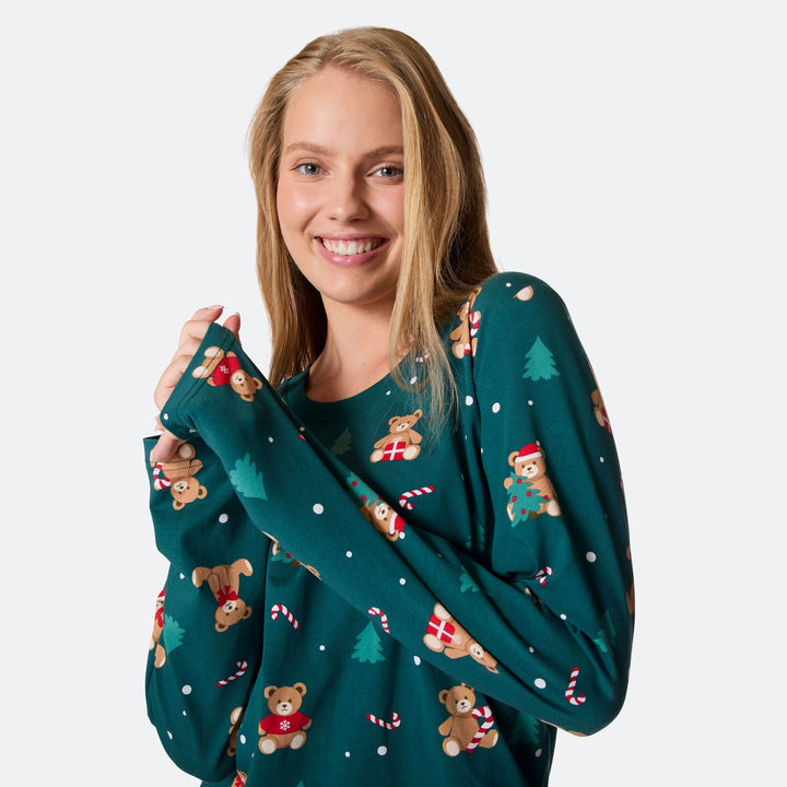 Grüner Teddybär Weihnachtspyjama Damen