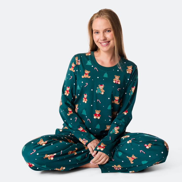 Grüner Teddybär Weihnachtspyjama Damen