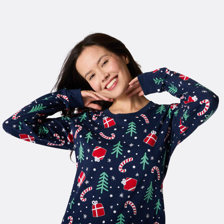 Blaues Weihnachtsmuster Weihnachtspyjama Damen