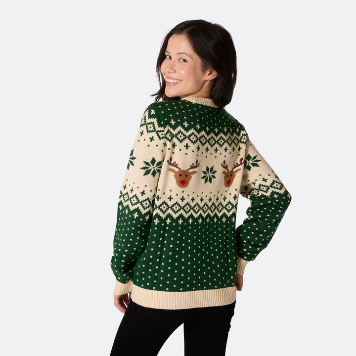 Grüner Retro Rentier Weihnachtspullover Damen