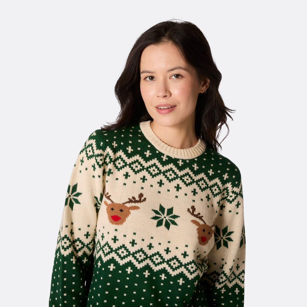 Grüner Retro Rentier Weihnachtspullover Damen