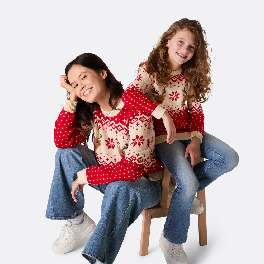 Roter Retro Rentier Weihnachtspullover Familie