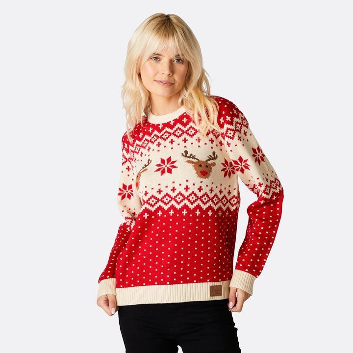 Roter Retro Rentier Weihnachtspullover Damen