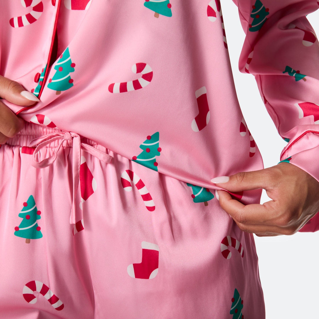 Rosa Satin Weihnachtspyjama Damen