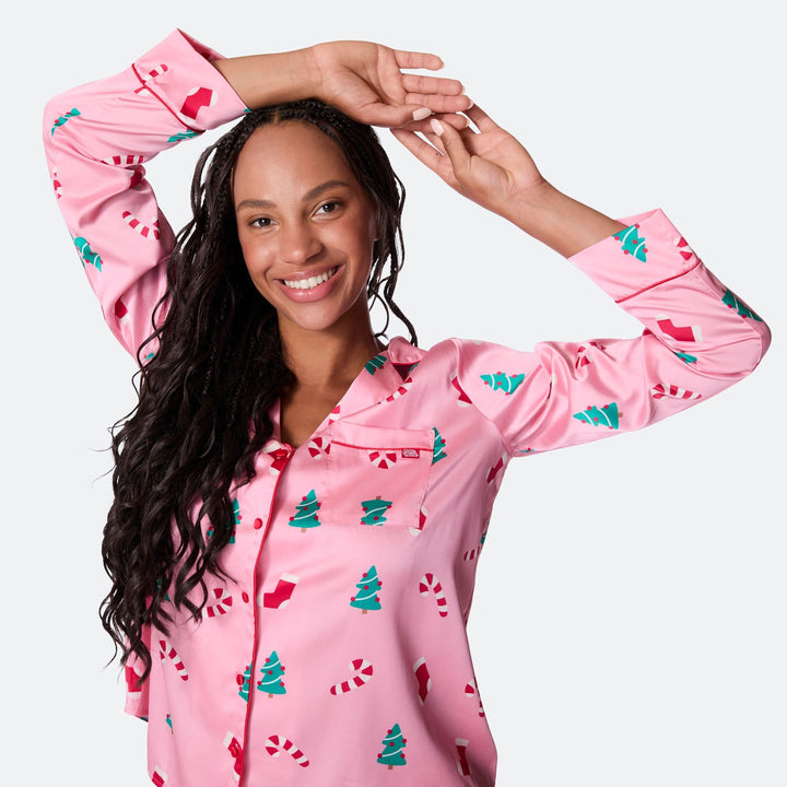 Rosa Satin Weihnachtspyjama Damen