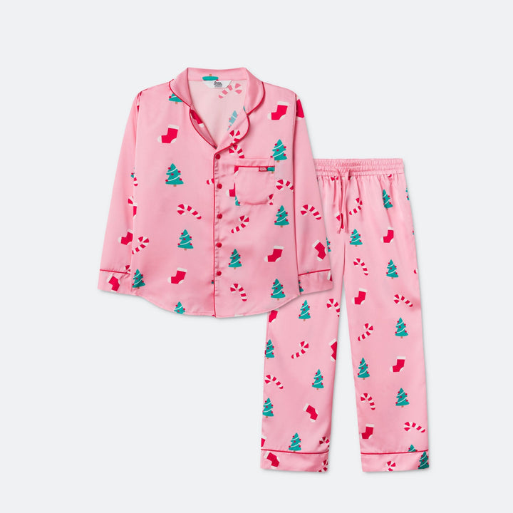 Rosa Satin Weihnachtspyjama Kinder