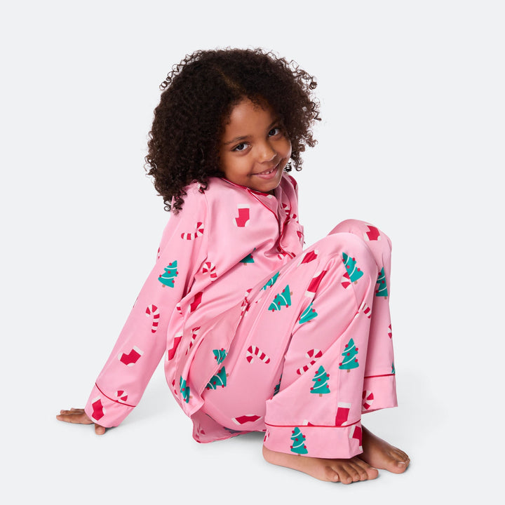 Rosa Satin Weihnachtspyjama Kinder