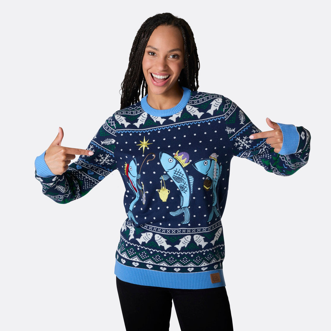 Drei weiße Fische Weihnachtspullover Damen