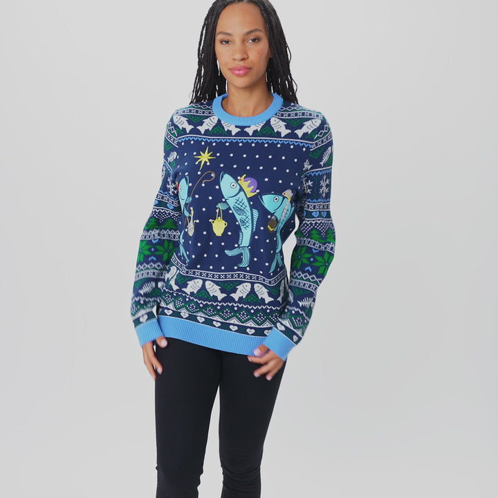 Drei weiße Fische Weihnachtspullover Damen