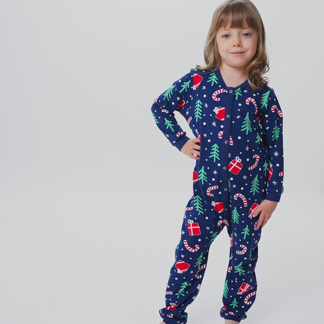 Blaues Weihnachtsmuster Overall Weihnachtspyjama Kinder
