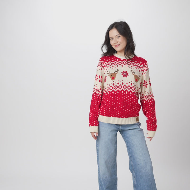 Roter Retro Rentier Weihnachtspullover Damen