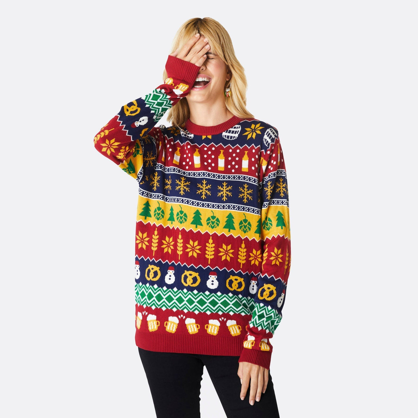 Gestreifter Bier Weihnachtspullover Damen