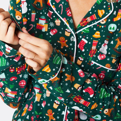 Grüner Weihnachtstraum Weihnachtspyjama mit Kragen Damen