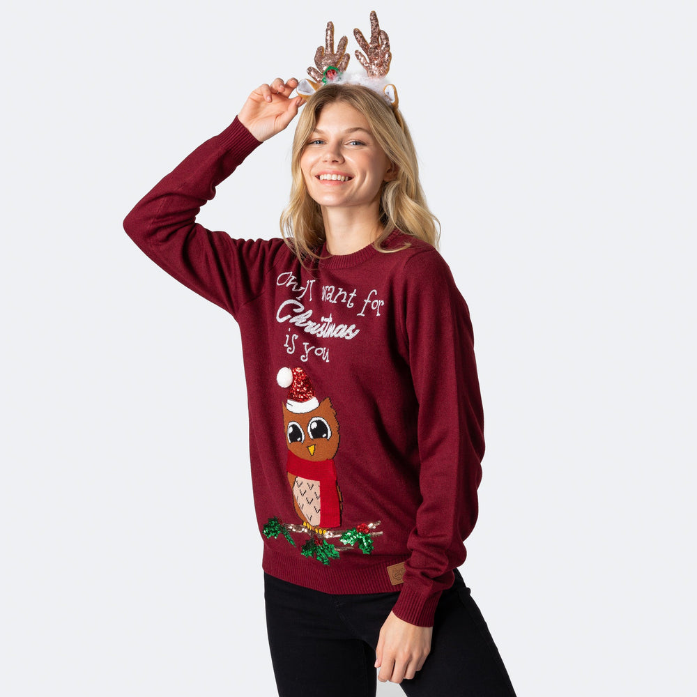 Owl I Want For Christmas Weihnachtspullover Damen