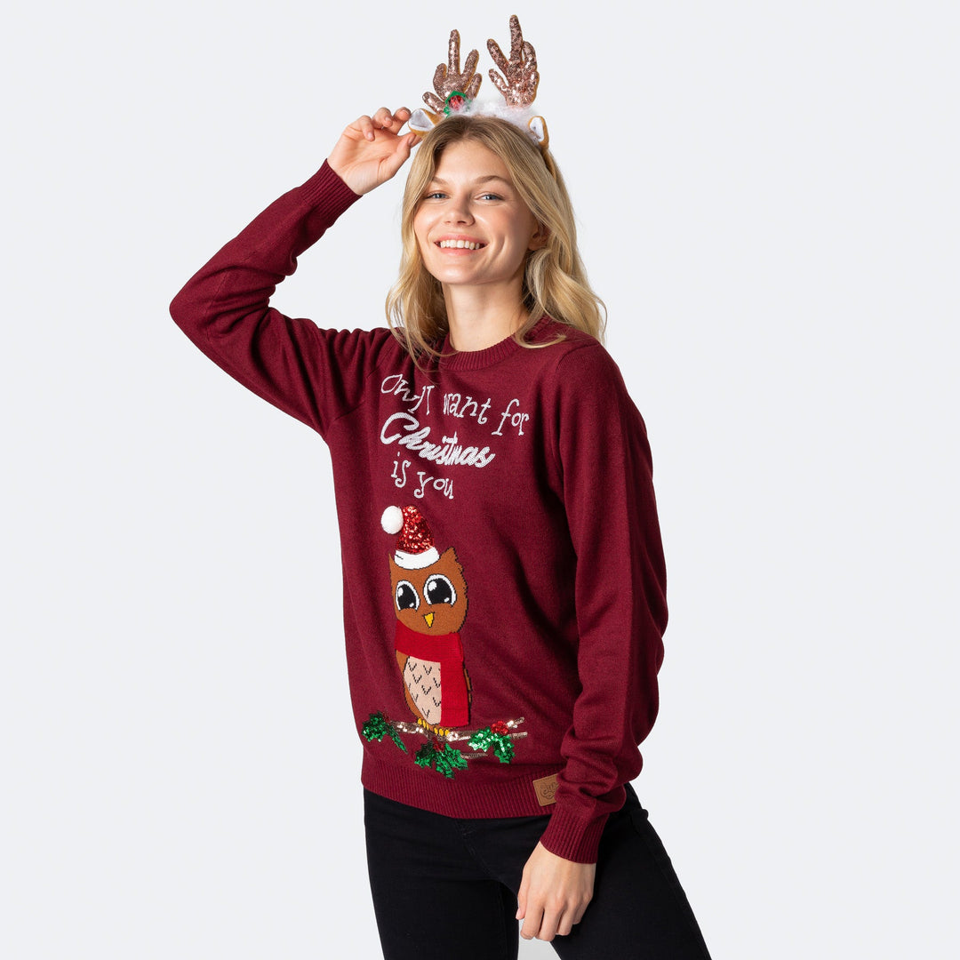 Owl I Want For Christmas Weihnachtspullover Damen