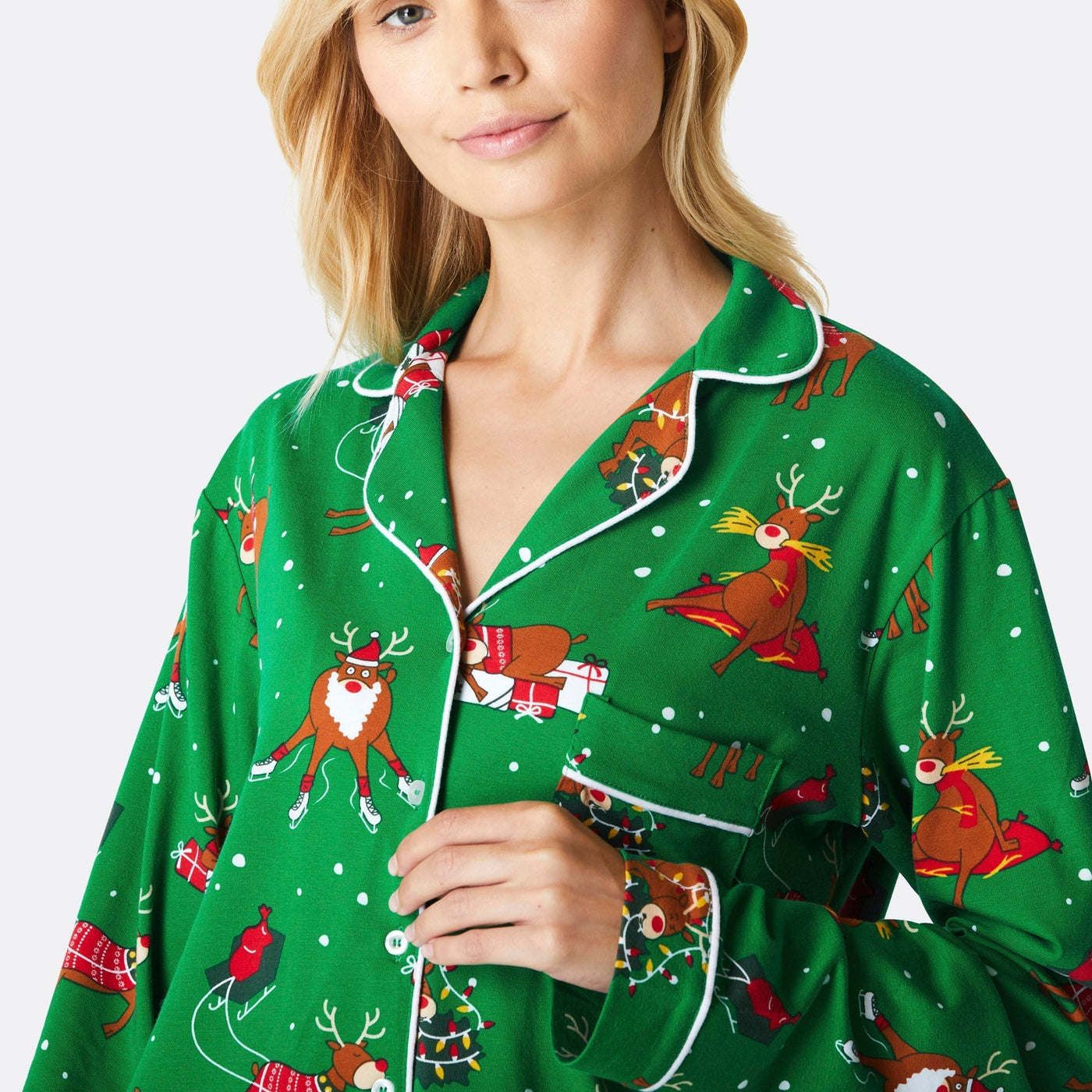 Rentier Weihnachtspyjama mit Kragen Damen