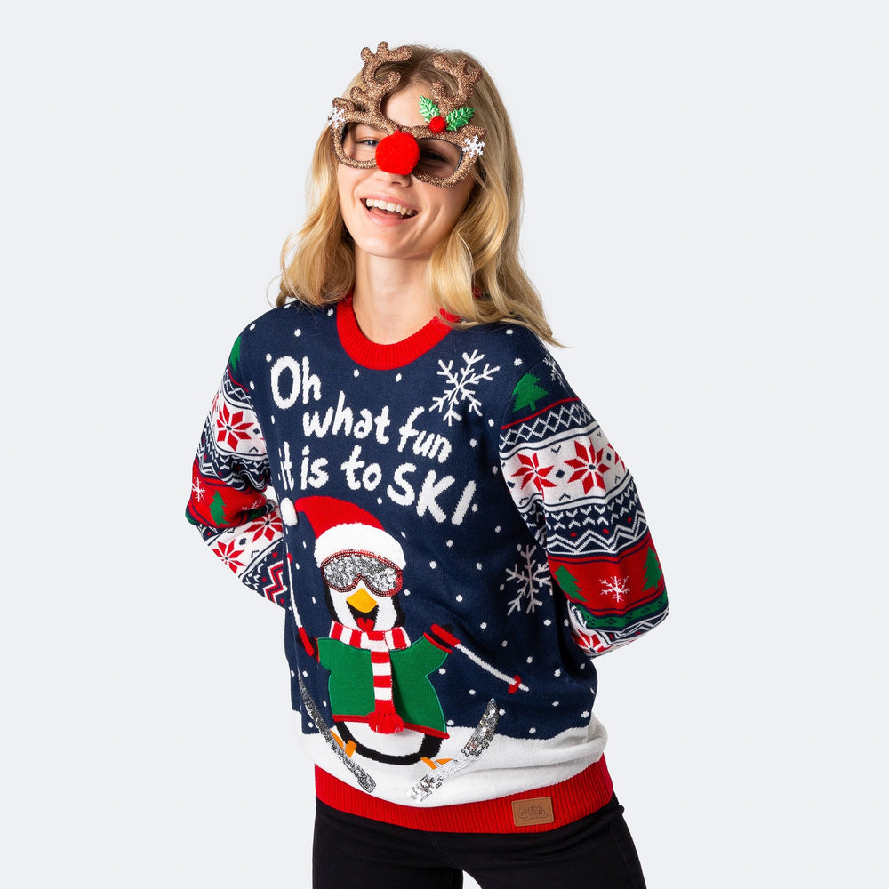 Skilaufender Pinguin Weihnachtspullover Damen