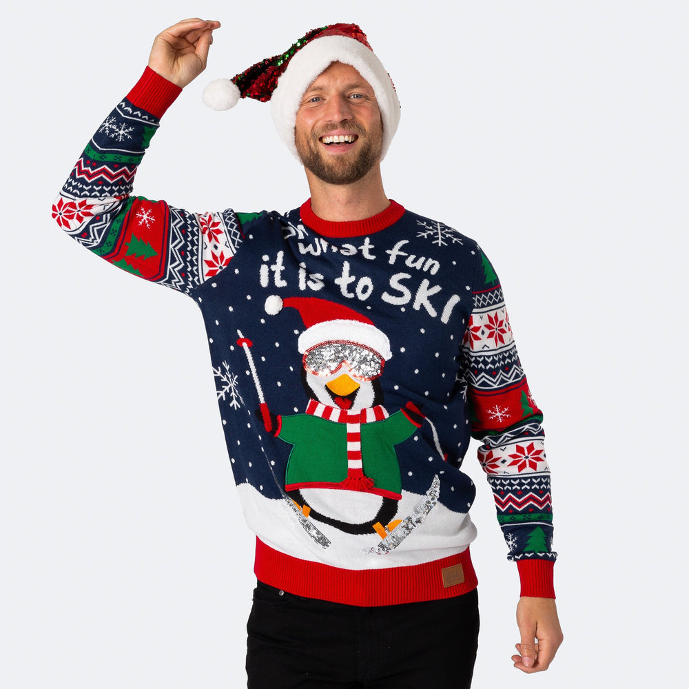 Skilaufender Pinguin Weihnachtspullover Herren
