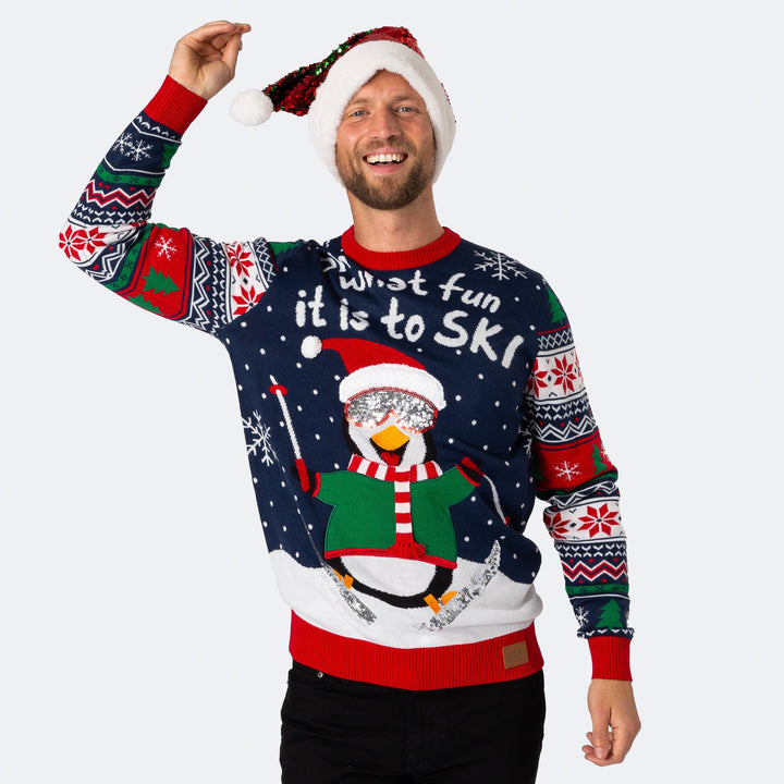 Skilaufender Pinguin Weihnachtspullover Herren