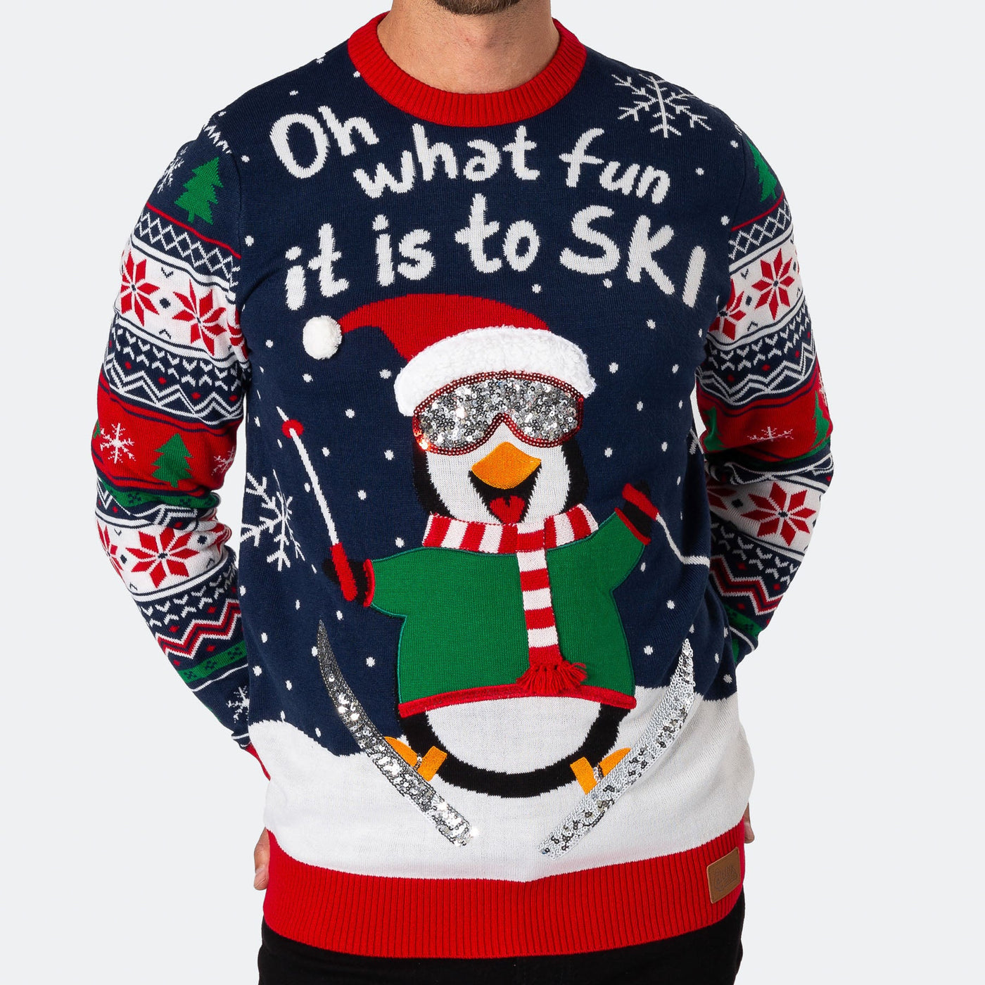 Skilaufender Pinguin Weihnachtspullover Herren
