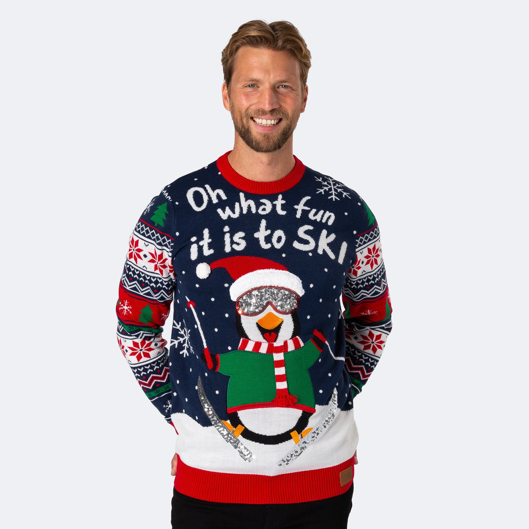 Skilaufender Pinguin Weihnachtspullover Herren