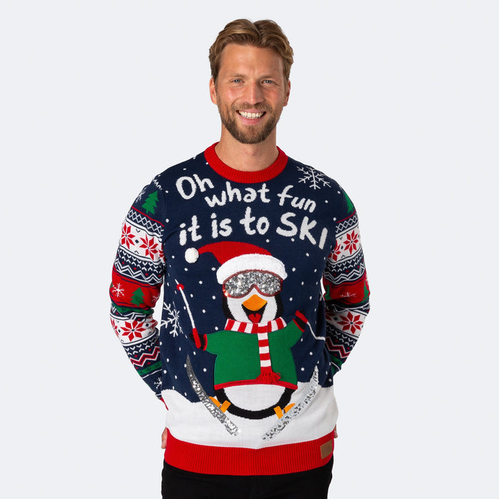 Skilaufender Pinguin Weihnachtspullover Herren