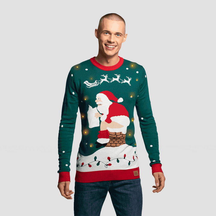 Weihnachtsmann auf dem Schornstein-Weihnachtspullover Herren